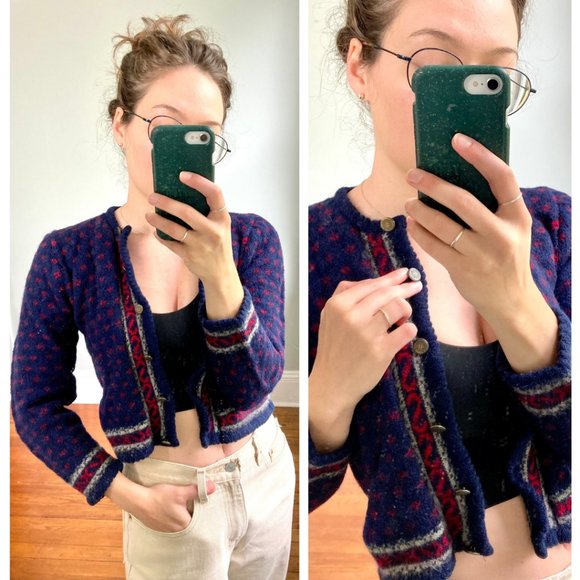 Vintage Crop Button Up Navy Blue Polka Dot Wool Cardigan Sweater - Picture 1 of 8